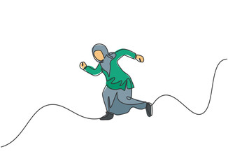 Poster - Continuous one line drawing young Arab female worker jumping high to the sky. Success business manager. Minimalist metaphor concept. Single line draw design vector graphic illustration