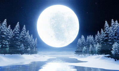 Wall Mural - Super Full moon blue light. Lake, pine forest, snowy ground, shadow of the moon reflected in the water. Fantasy nature image of the rising night. There is a little fog. 3D rendering