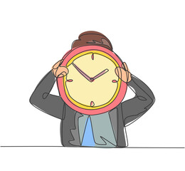 Poster - Single continuous line drawing young business man holding giant analog clock in front his head. Minimalism metaphor business deadline concept. Dynamic one line draw graphic design vector illustration