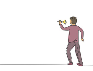 Poster - Continuous one line drawing young male worker focus to hit target with a dart precise. Business goal management minimalist concept. Single line draw design vector graphic illustration