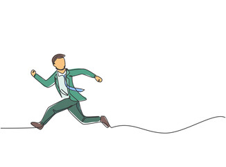 Poster - Single one line drawing of young business man running chased by work deadline. Business time discipline metaphor concept. Modern continuous line draw design graphic vector illustration