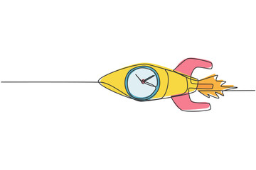 Poster - Single one line drawing of fast flying rocket with analog clock inside the object. Business time discipline metaphor concept. Modern continuous line draw design graphic vector illustration