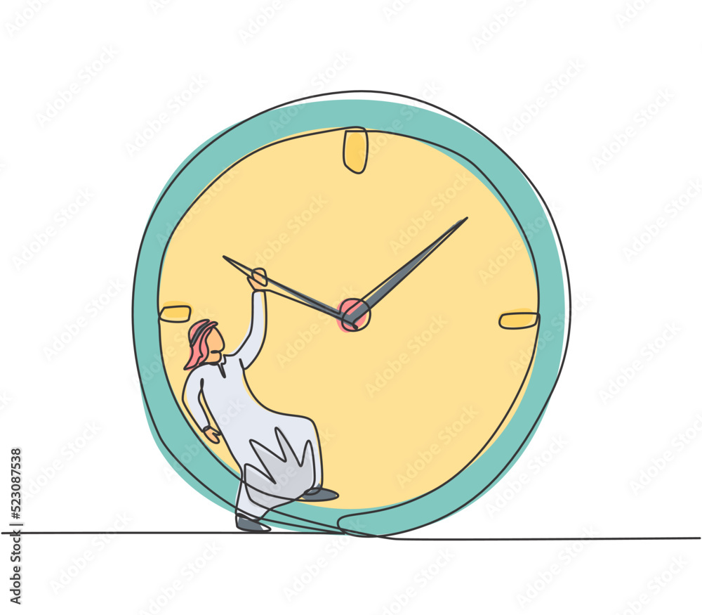 Continuous one line drawing young Arab male worker hanging on clockwise ...