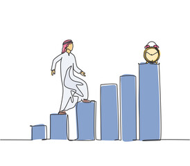 Poster - Single one line drawing of young Arabian business man walking on the graph bar to reach alarm clock. Business challenge metaphor concept. Modern continuous line draw design graphic vector illustration