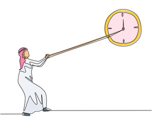 Poster - Single continuous line drawing young Arab business man pulling clockwise of big analog wall clock with rope. Time management metaphor concept. One line draw graphic design vector graphic illustration.