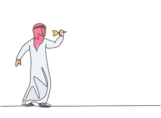 Poster - Single continuous line drawing young Arab business man focus to hit target with a dart precise. Business goal management minimalist concept. Dynamic one line draw graphic design vector illustration