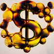 liquid and viscous dollar money sign like motor oil drops and stream close-up.