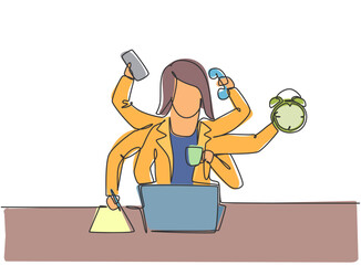 Poster - single one line drawing of young business woman with holding telephone, alarm clock, paper. business