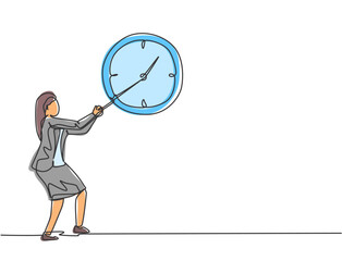 Poster - Continuous one line drawing young woman worker pulling clockwise of big analog wall clock with rope. Time management business minimalist concept. Single line draw design vector graphic illustration.