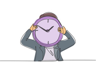 Poster - Continuous one line drawing young woman worker holding analog clock head at the office. Time management business discipline metaphor concept. Single line draw design vector graphic illustration.