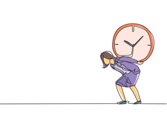 Poster - Single one line drawing of young business woman shouldered heavy big analog clock with her back. Business challenge minimal metaphor concept. Continuous line draw design graphic vector illustration.