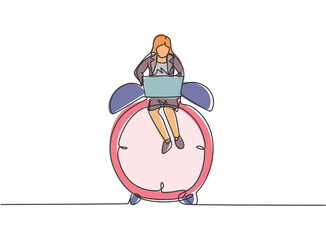 Poster - Single continuous line drawing young business woman sitting on big analog alarm clock and typing on laptop. Business time discipline metaphor concept. One line draw graphic design vector illustration.