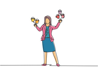 Poster - Continuous one line drawing young woman worker juggling alarm analog clock with his hand. Business time management discipline metaphor concept. Single line draw design vector graphic illustration.