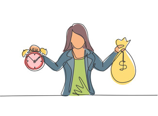 Poster - Single one line drawing of young business woman holding money bag and alarm clock with her hands. Minimalism metaphor business deadline concept. Continuous line draw design graphic vector illustration