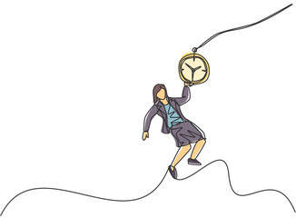 Poster - continuous one line drawing young woman worker swinging on pocket watch chain to reach goals target.