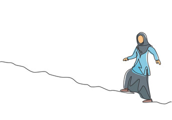 Poster - single one line drawing of young arabian business woman walking on the uphill street. business chall