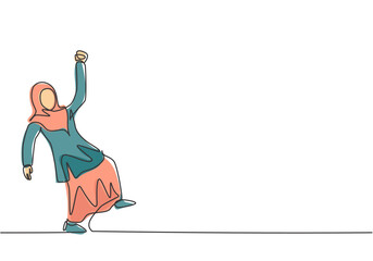 Poster - single continuous line drawing young arab business woman dancing on the street. happy worker celebra