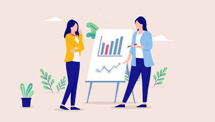 Wall Mural - Women working - Two professional female characters discussing business and chart results. Abstract work concept, flat design vector illustration