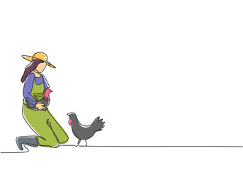 Wall Mural - Continuous one line drawing young female farmer knelt down to pick up the chicken. To return to the coop. Successful farming minimalist concept. Single line draw design vector graphic illustration.