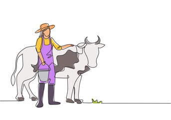 Wall Mural - Single one line drawing of young female farmer rubbing the cow while carrying a bucket of water. Farming challenge minimal concept. Modern continuous line draw design graphic vector illustration.