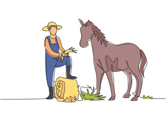 Wall Mural - Single continuous line drawing young male farmer stomped one of its feet into the curled hay as it was about to feed the horse. Minimalism concept. One line draw graphic design vector illustration.