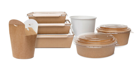 Wall Mural - Set with different paper containers for food on white background