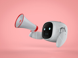 Poster - Online marketing concept with small and cute robot with no leg hold megaphone