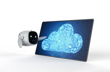 Sticker - Cloud computing technology concept with 3d rendering small robot and graphic display