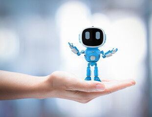 Poster - 3d rendering small artificial intelligence robot assistant in human hand