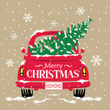 Christmas Cute Red Truck Pattern With Merry Christmas Wordings And Tree -Christmas Vector Design
