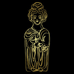 Wall Mural - Gallo Roman mother goddess. Celtic woman. Antique sculpture. Hand drawn linear doodle rough sketch. Golden silhouette on black background.