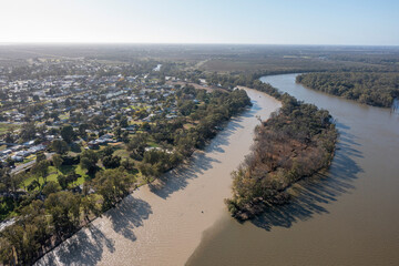 Wall Mural - muddy flood waters from the darling river merge with the mighty murray river at the town of wentwort
