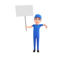 Poster - Mechanic character holding a blank billboard and give thumb down in 3d rendering.