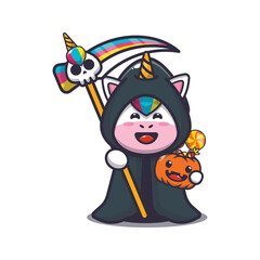 cute grim reaper unicorn holding halloween pumpkin. Cute halloween animal cartoon illustration.