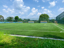 Super Wide Angle View Of Open Spacious Futsal Field In HDB Heartland In Singapore. Community Football Pitches In Local Neighbourhoods To Encourage People To Engage In Active Healthy Lifestyle.