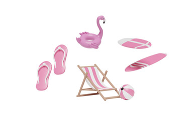 Wall Mural - travel summer sea with beach chair, Inflatable flamingo, sandals, ball, surfboard isolated on blue background. concept 3d illustration, 3d render