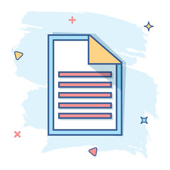 Poster - Vector cartoon document icon in comic style. Paper page sign illustration pictogram. Note business splash effect concept.