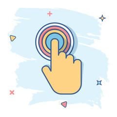Wall Mural - vector cartoon click hand icon in comic style. cursor finger sign illustration pictogram. pointer bu