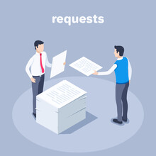 Isometric Vector Illustration On A Gray Background, Men In Business Clothes Near A Stack Of Paper Requests, Acceptance Of Requests Or Documents