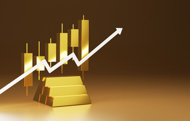 Candlestick chart graphs and gold bars buying and selling gold bullion upward arrow graphs.