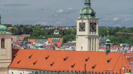 Sticker - Top view from the height Powder Tower in Prague timelapse to Old Town. Historical and cultural monument with clock tower. Prague, Czech Republic.