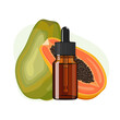 Papaya essential oil in brown glass bottle, herbal alternative medicine treatment product, vector Illustration on white background