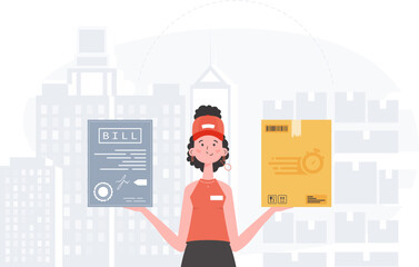 Home delivery concept. A woman courier is holding a parcel and a check. Trendy flat style. Vector.