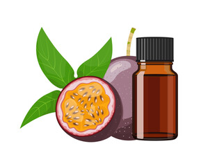 Wall Mural - Passion fruit essential oil in brown glass bottle, herbal alternative medicine treatment product, vector Illustration on white background