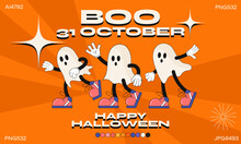 Funny Halloween Cartoon Character. Fashion Poster. Vector Illustration Of Boo Ghost In 90s Style. Set Of Comic Elements In Trendy Retro Cartoon Style.