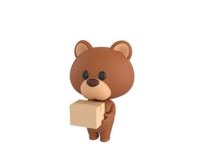 Poster - Little Bear character carrying a package in 3d rendering.