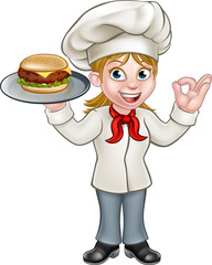 Canvas Print - A woman chef cartoon character holding a cheese burger on a plate 