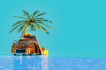 The scene of a camper van with a surfboard and luggage parked near the ocean is created in 3D rendering against a blue background with text space for marketing words.