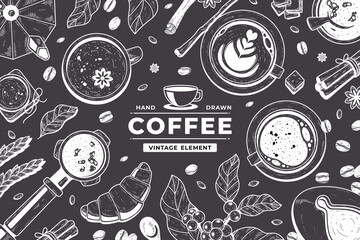 Wall Mural - Hand drawn coffee on black chalkboard background