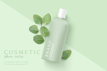 Natural Cosmetics And Skin Care Product Ads Template On Green Background With Leaves.
